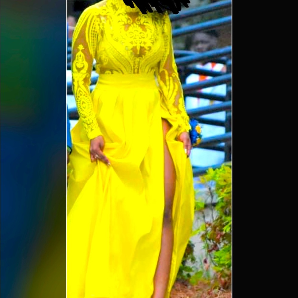 Yellow Mock Neck Bishop Sleeve Prom Gown
